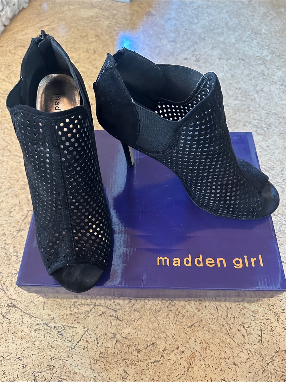 Madden Girl Black Perforated Peep-Toe Stiletto Booties